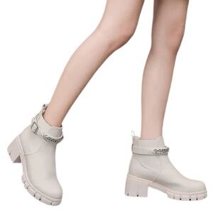 YETIER women’s beige Ankle Boots Elastic Lug Sole Slip On Buckle Chunky heel